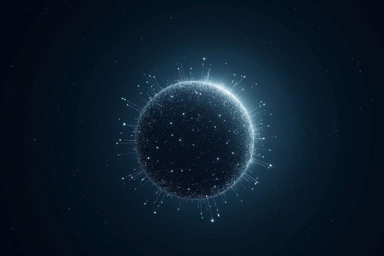 A glowing sphere hovers in a dark environment filled with stars. Lines of lights connect across its surface symbolizing decentralized networks. The background is deep black with a hint of blue.