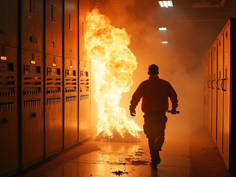 Electrical fire erupts from control panel. Technician drops tools and runs away in fear. Intense lighting, smoke and sparks create dramatic energy.