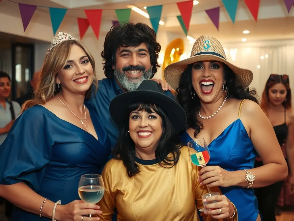 A group of smiling friends posing happily at a festive party.