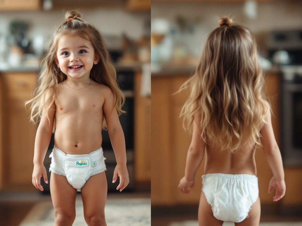 Little girl in pampers diapers with long hair standing in kitchen. Smiling child captured from front and back views.