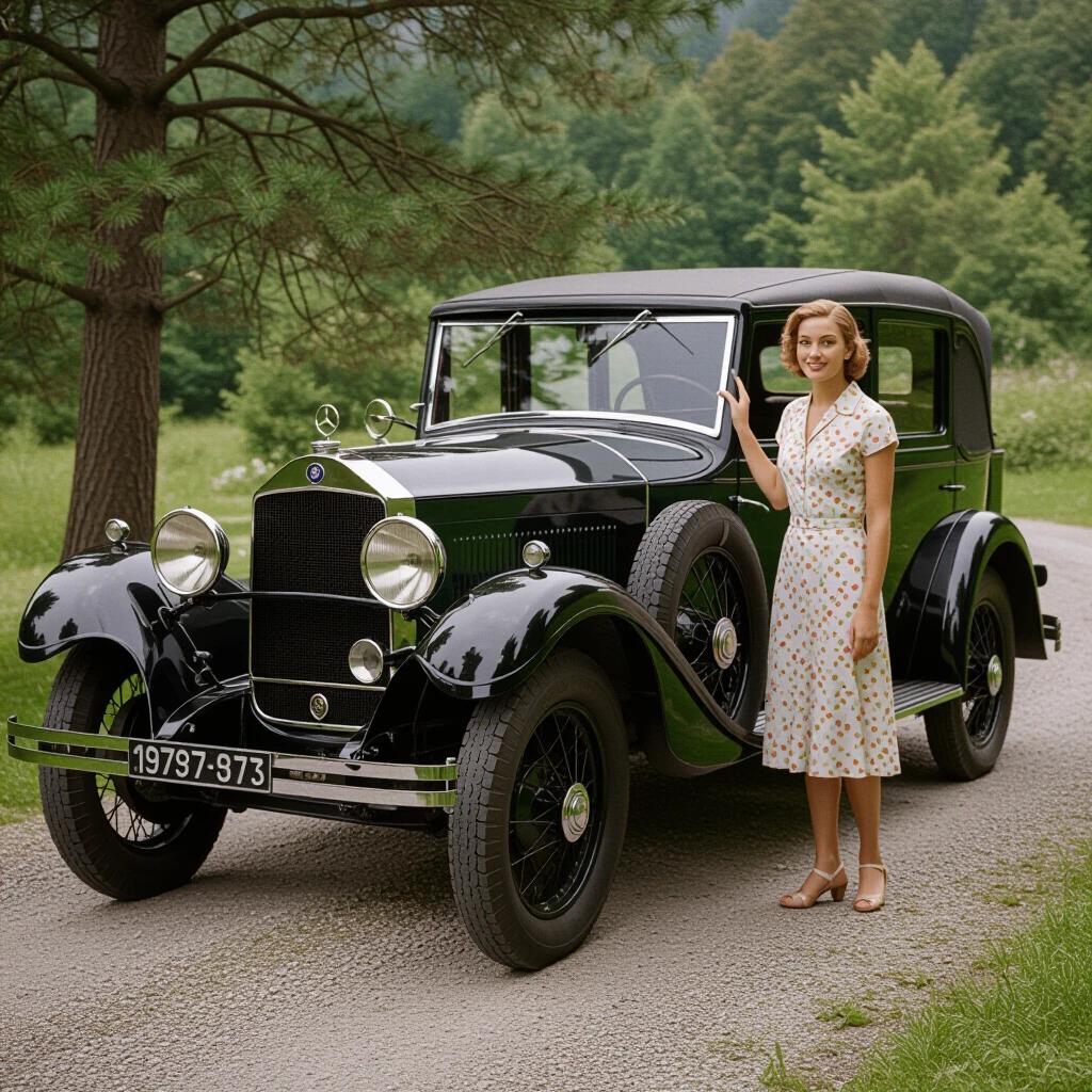 Classic 1928 Mercedes-Benz 18/100 PS parked on gravel road. A woman dressed in a polka dot dress poses with the vehicle. Natural green landscape in the background. The car features a two-panel hood and dense smoke from the engine.