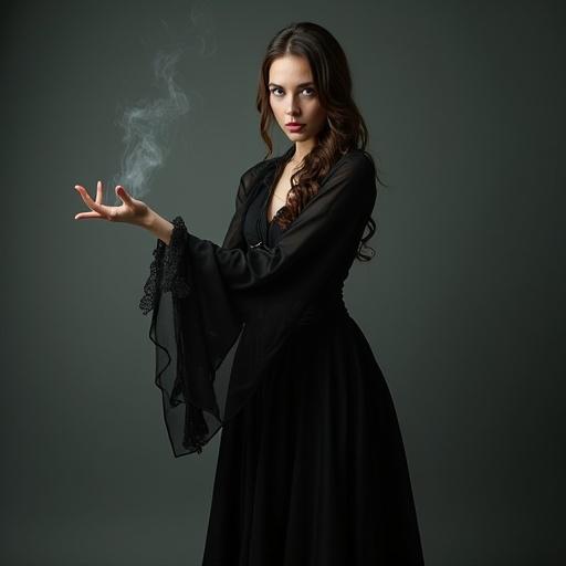 A female magician stunning in an asymmetrical black dress stands confidently. She holds her hand out and smoke billows from her fingers. The backdrop is dark and highlights her presence.
