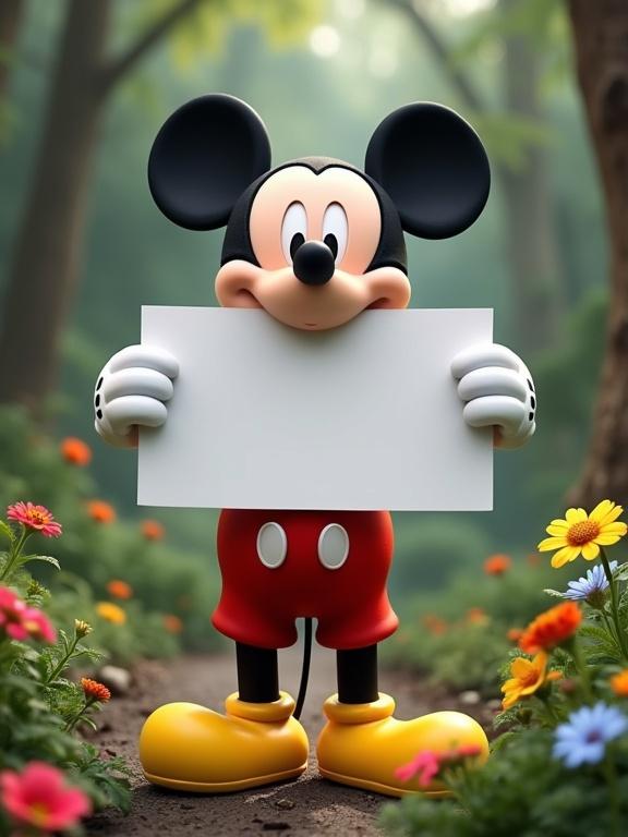 Mickey Mouse is shown in full body. He is smiling and holding a blank poster. The scene is set in a forest filled with colorful flowers.