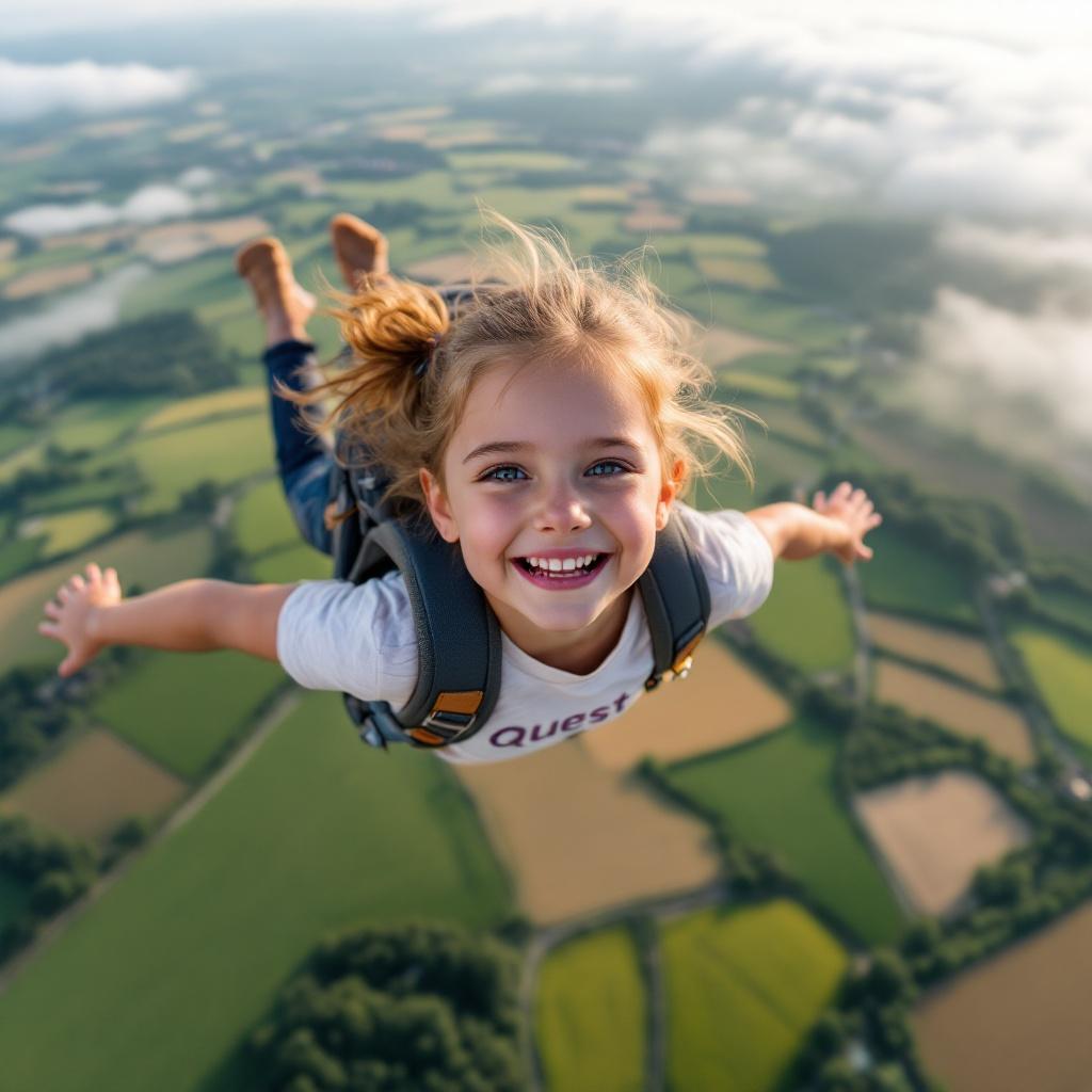 Five years old girl joyfully flying over beautiful fields in France. Girl displays happiness and confidence. Shirt displays the word 'quest'.