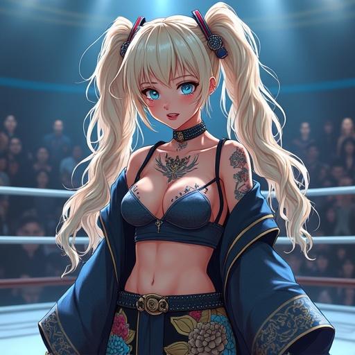 Anime character in a modern luxurious martial arts arena. Woman with frosted blue eyes. Light blonde curly pigtails. Wearing a stylish ninja battle kimono. Features colorful traditional Japanese tattoos. Exhibits a psychotic grin. Muscular build with prominent abs. Dressed in modern and edgy fashion. Overall presentation combines anime aesthetics and martial arts themes.