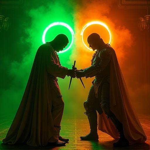 Dramatic duel between two figures in baroque armor. Intense chiaroscuro lighting. Striking glowing green and orange neon halos. Scene combines Renaissance painting aesthetics with Neon Noir. Classical posing with tech weapons. Figures adorned in luminous robes. Sacred versus futuristic tension. Highlighted by Caravaggio lighting and ornate fabric.
