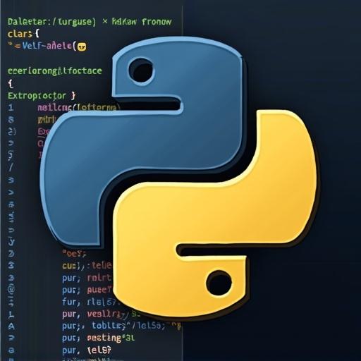 Image showing python language hello world program. A python logo in blue and yellow with coding script background.