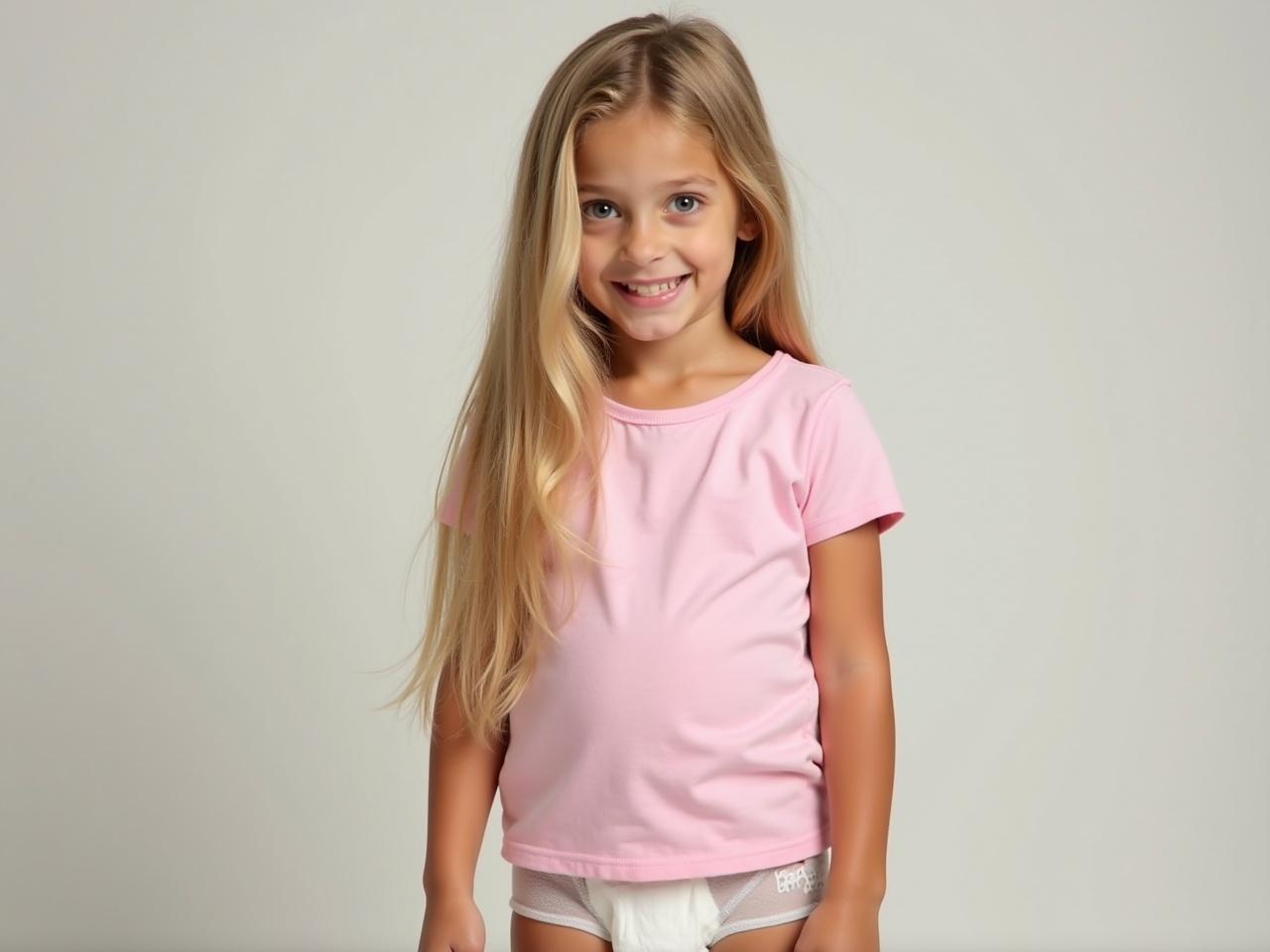 This image showcases a seven-year-old girl with long blonde hair. She is smiling warmly at the camera. The girl is wearing a fitted pink t-shirt paired with a white diaper. The background is a soft neutral color that enhances her features. The lighting is gentle, giving the image a bright and cheerful atmosphere. This picture captures the innocence and joy of childhood.