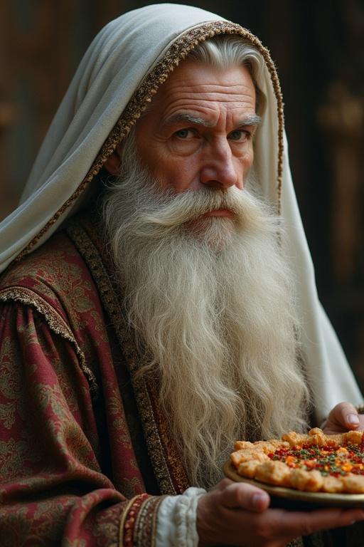 Elderly man holding a plate of food. Man wears traditional robes and a long beard. Soft lighting enhances warmth. Dress features intricate patterns. Scene evokes a sense of reverence and tradition.