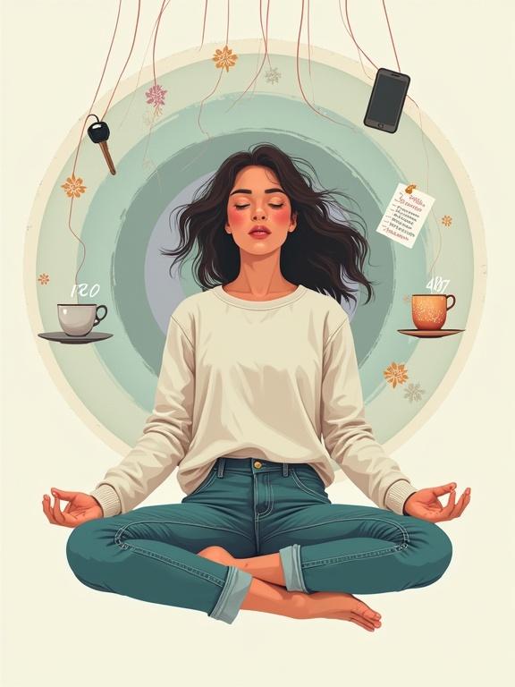 Surreal vector-style illustration of a woman floating in lotus position. She wears casual jeans and a loose sweater. Her calm expression shows tension in her eyes. Circular background with muted cool tones creates a ripple effect. Thin red strings connect fragile items floating around her. Hair gently floats upward. Typography reads: 'I’m holding it together. Loosely.' Transparent alpha background.