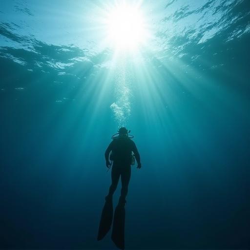 Create a photorealistic image depicting light rays penetrating the water. An underwater view showcases light waves at the surface. A technical diver is positioned horizontally in the foreground.