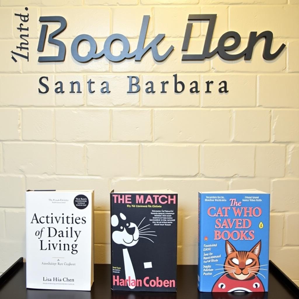 This image features a modern book display at The Book Den in Santa Barbara. It showcases three books prominently on a table. The first book is 'Activities of Daily Living' by Lisa Hsia Chen. The second book is 'The Match' by Harlan Coben. The third book is 'The Cat Who Saved Books'. The backdrop is a light cream-colored stucco wall, enhancing the presentation of the books. Above the display, the store's name 'The Book Den Santa Barbara' is displayed. The setup is inviting and designed to attract book lovers.