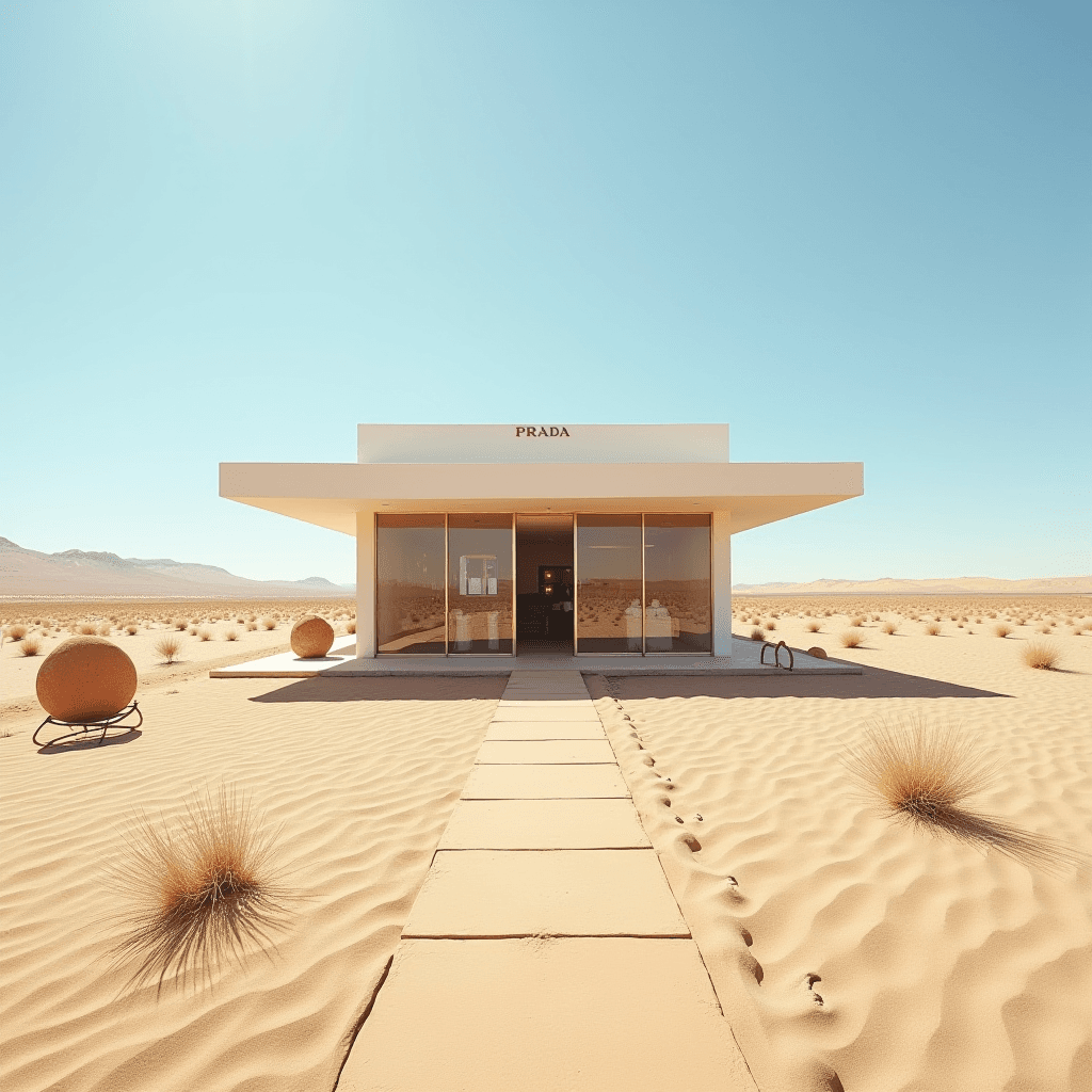 A minimalist building labeled 'Prada' stands isolated in a vast desert landscape.