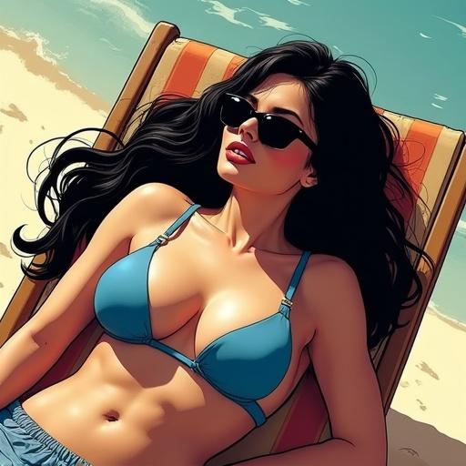 A woman with long, dark hair lies on a beach lounge chair. She wears a blue high-cut bikini and dark sunglasses. Scene rendered in comic noir style with dramatic lighting and shadows. Highlights from the sun across her skin and wind subtly moving her hair.