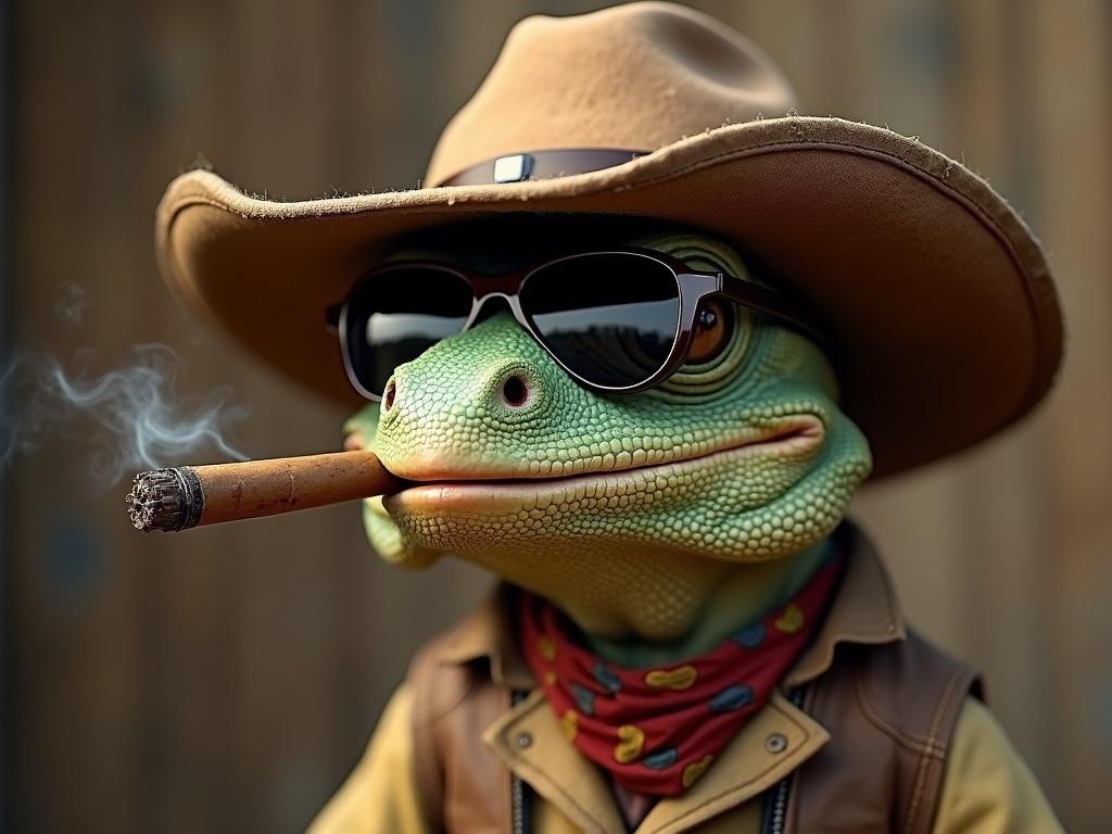Photorealistic lizard character portraying a corrupt sheriff in Western attire. Wears a dusty brown cowboy hat and sunglasses. Smokes a cigar. Background suggests a Wild West setting.