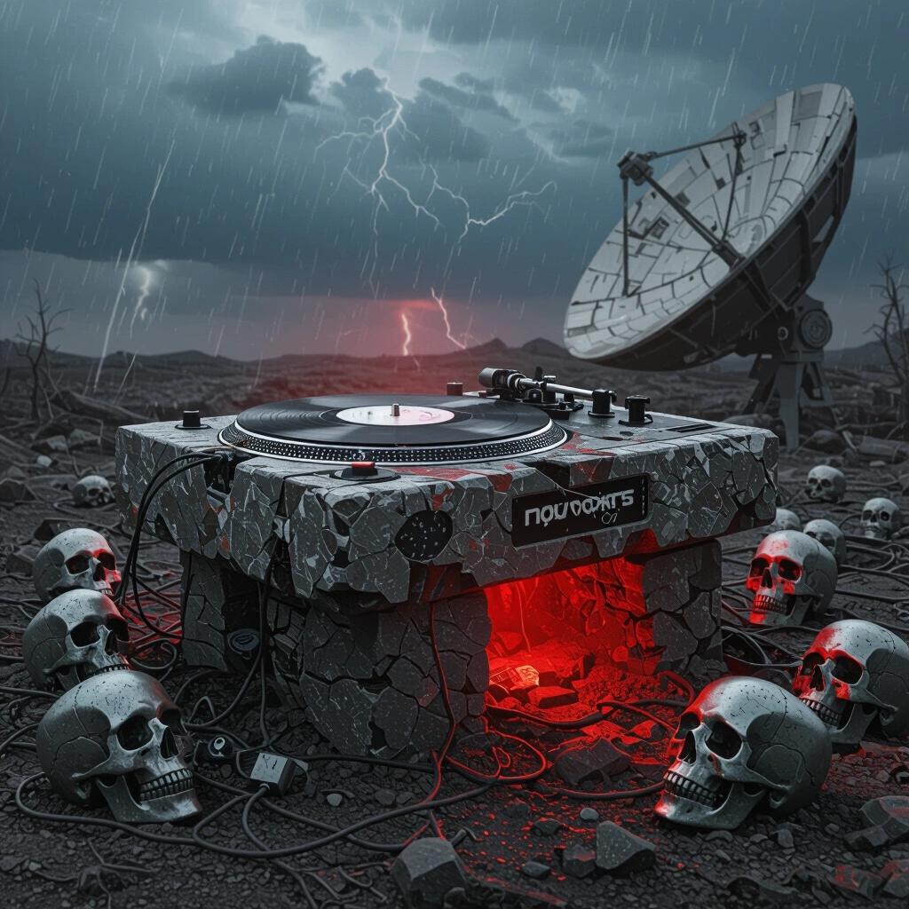 Weathered DJ turntable fused into stone altar. Half-buried in ash. Ancient cables snake out like vines feeding into cracked robot skulls. Soft red glow pulses beneath the table. Background features shattered satellite dish aimed at storm-filled sky.