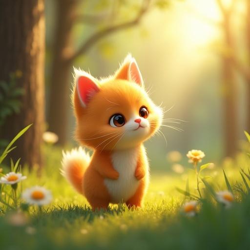 A kitten walks through a forest. Sunlight breaks through the leaves. Colorful butterflies flutter around. The kitten is gray with white paws and a white chest. Style of a popular game.