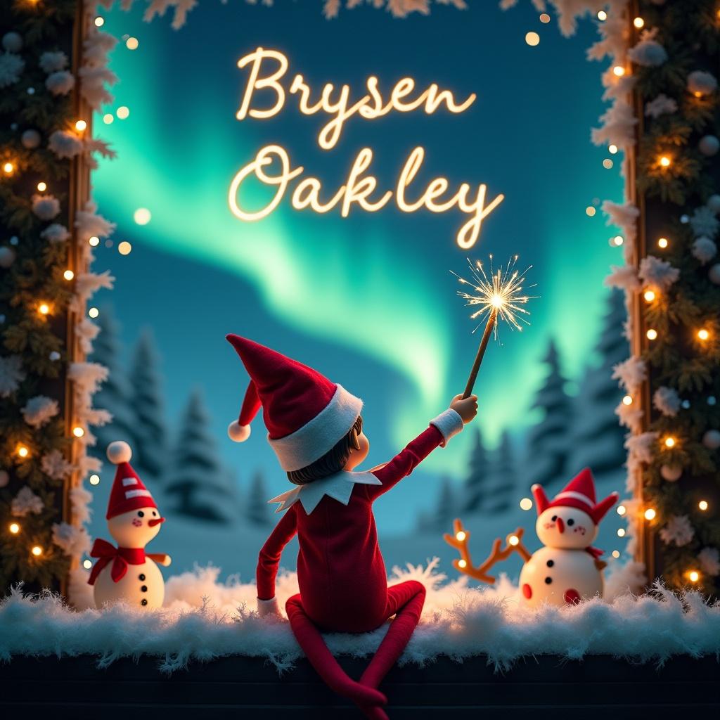 A Christmas scene with an elf facing the sky. Elf in red and white holding a wand. Writing 'Brysen' and 'Oakley' in glowing letters. Backdrop features northern lights. A festive and magical atmosphere. The scene exudes holiday joy.