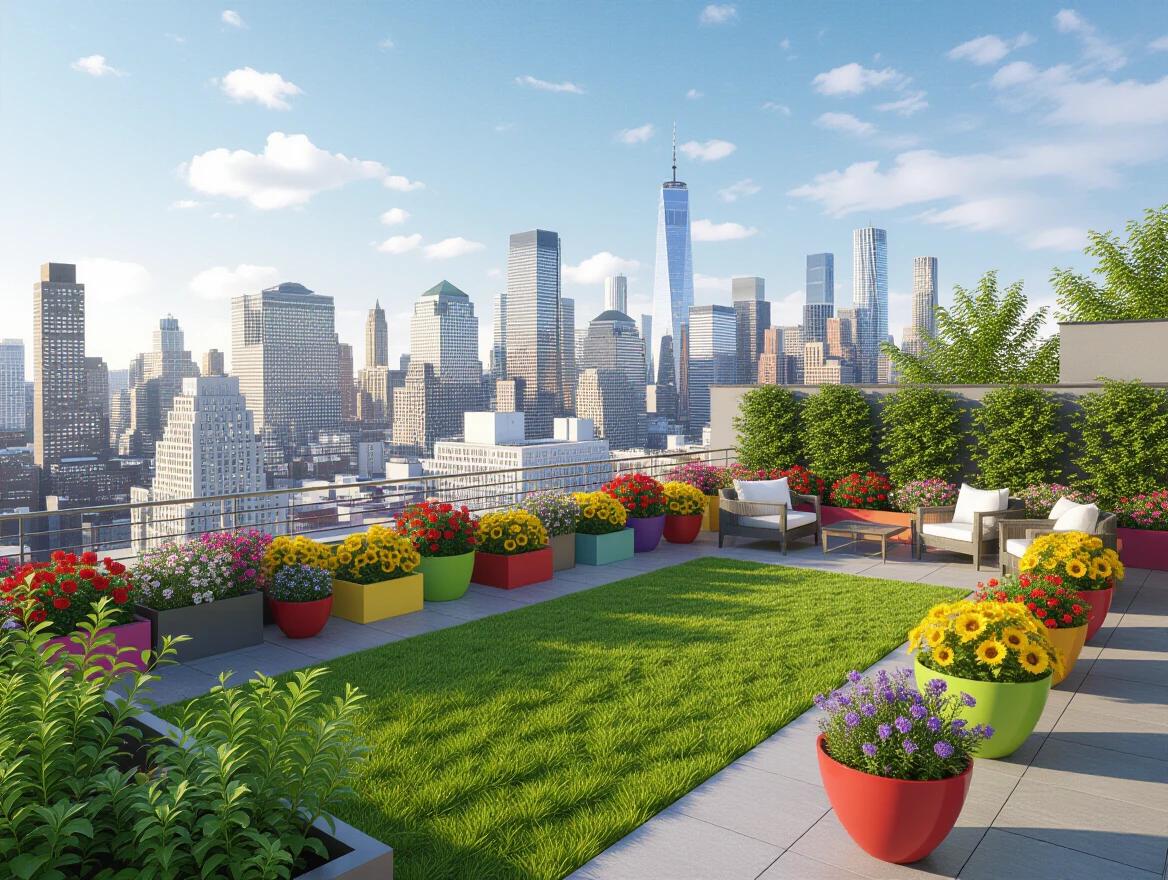 A rooftop garden in a city. Bright colors of red roses, purple basil, and golden sunflowers contrast with the blue sky. Colorful pots arranged neatly. Green vegetation sprinkled with blooming flowers.