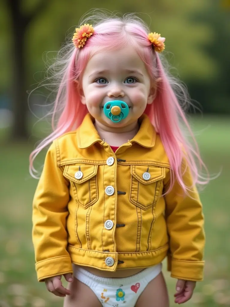 Girl with long pink hair wearing a yellow denim jacket. Smiling in a park. Emerald green eyes. Appears joyful and playful.