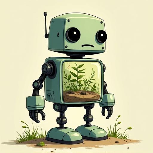 A cartoon robot with plants growing inside its transparent body. The design is playful and colorful with a cartoonish style.