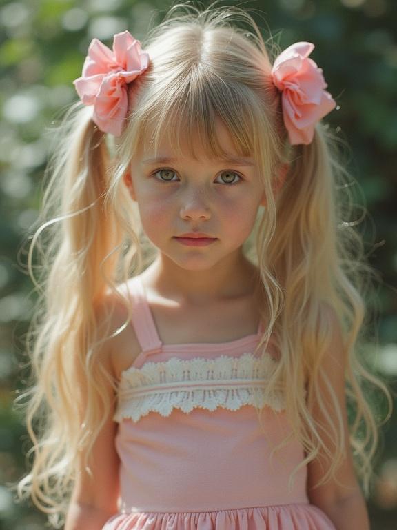 Portrait of a young girl with long blonde hair styled in twin tails. She wears large bows in her hair and a micro-skirt. The photo has a soft and warm aesthetic. Natural setting is blurred in the background.