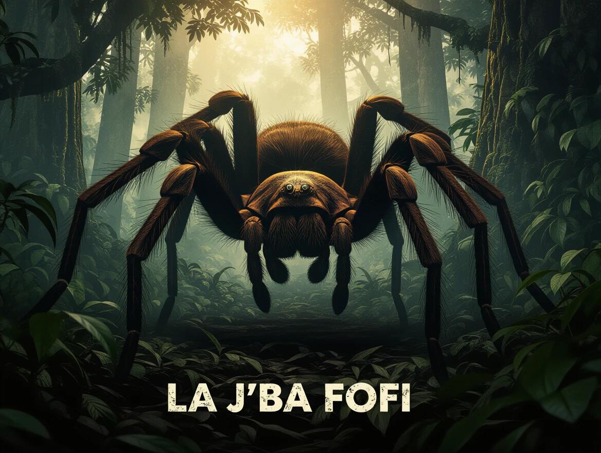 Cinematic depiction of La J'ba Fofi. Giant spider in jungle habitat. Camouflaged among undergrowth and tall trees. Massive hairy legs with sharp angles. Bloated body mimicking a tarantula. Bioluminescent eyes and fangs. Eerie intelligence in its gaze. Suspenseful atmosphere. Warm light piercing through trees. Dust particles in the air. Terrified explorer silhouette by spider knee. Captured in 35mm cinematic style with shallow depth of field.