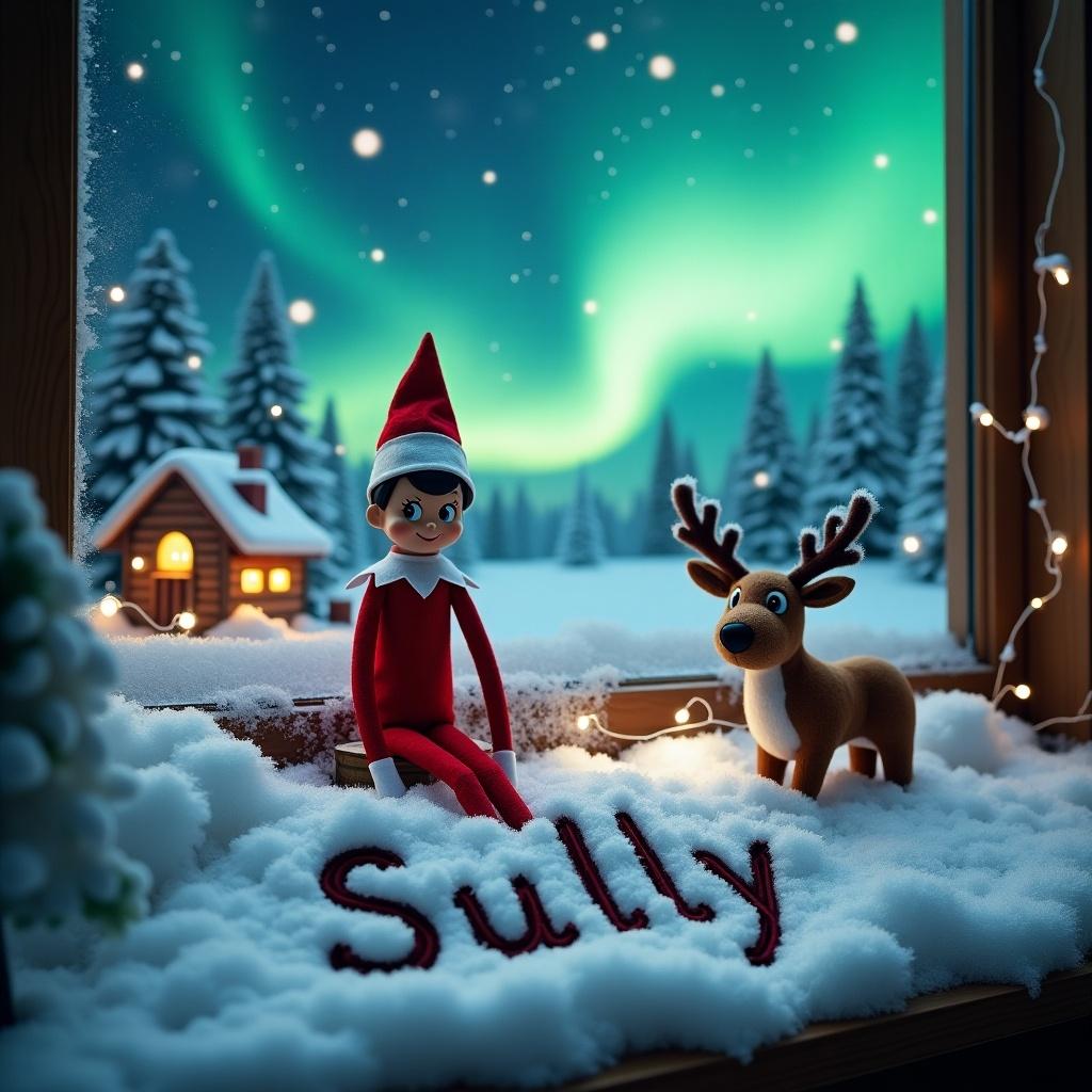 Elf on the shelf character sitting in snow. Northern lights glowing in the background. Reindeer and Santa's cottage nearby. Name Sully written in snow.