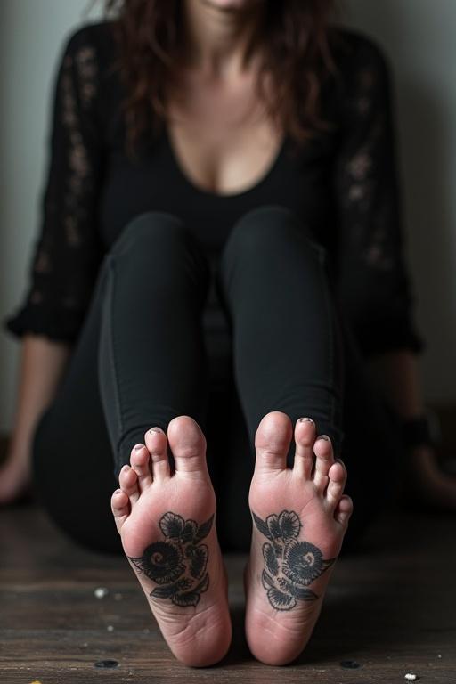 Image shows a mature woman wearing goth clothes. She sits down and displays her tattooed soles on her bare feet. Her foot size is large, about 15.