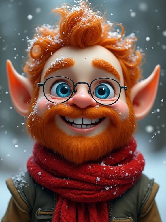 A close-up portrait of a joyful chibi-style satyr with ginger hair and beard. He has blue eyes and wears round glasses and a red scarf. The background suggests falling snow. The image has a desaturated color palette with cool tones. Emphasis on the satyr's face in a classic portrait style.