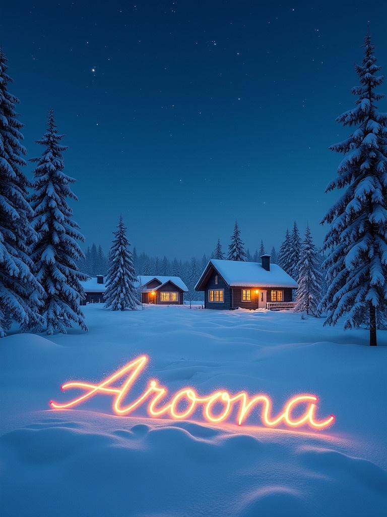 Written names in the snow with Aroona. Night snowy landscape with stars visible. Soft winter light creates a holiday atmosphere. Snow covers the ground and trees surround a few cabins.