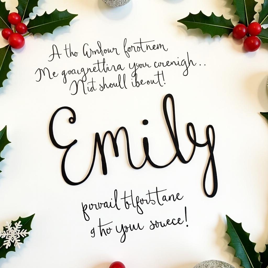 This festive image features a Christmas blessing for someone named Emily. The name 'Emily' is artistically displayed in beautiful handwritten lettering. Surrounding the name are holiday-themed decorations, including holly leaves, red berries, and silver baubles. The text above reads a charming message, enhancing the cheerful and warm atmosphere. This composition is perfect for seasonal celebrations and personalized greetings.