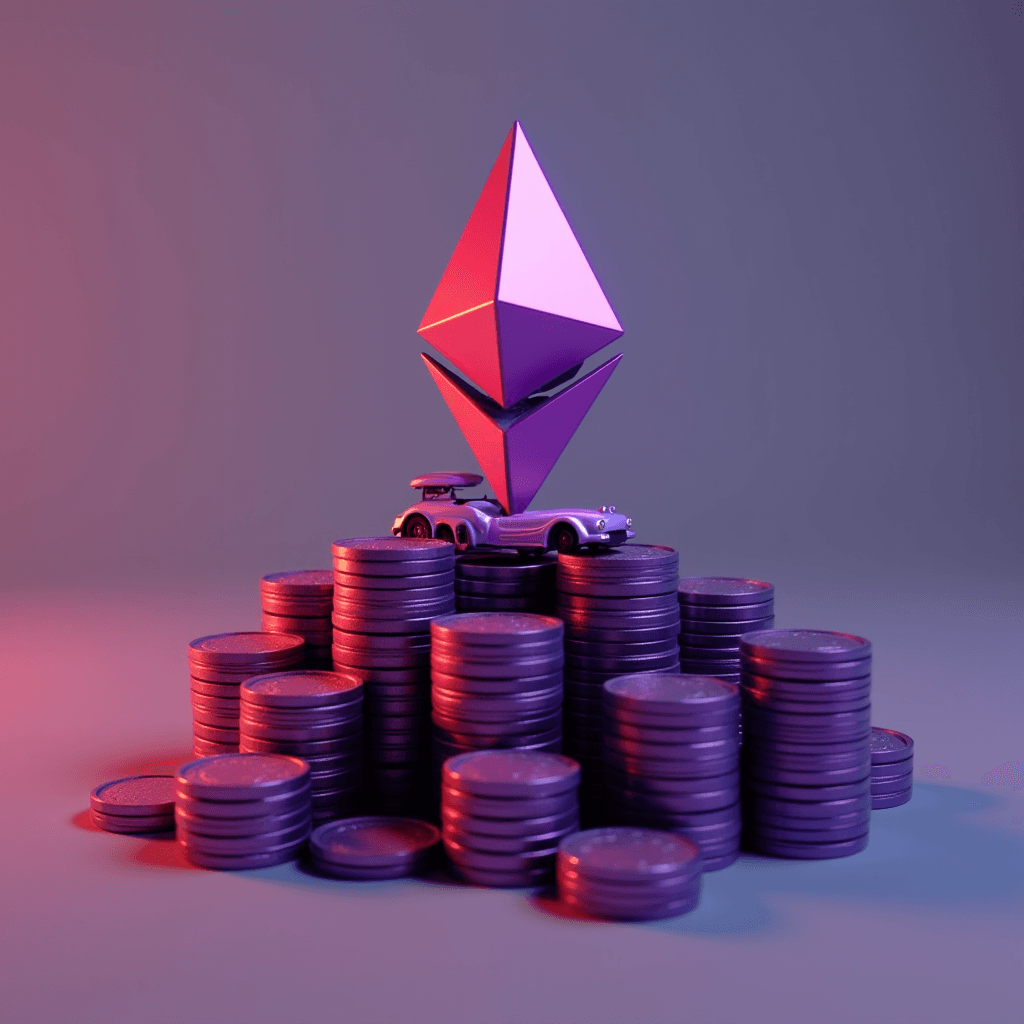 A stylized Ethereum logo rests atop stacks of coins with a toy car beside it, illuminated by artistic lighting.