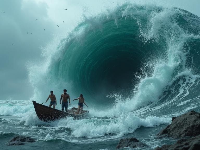 A massive ocean whirlpool forms in rough seas. Water and debris are pulled toward the swirling center. Several diverse adults are on a wooden boat caught near the vortex. Their faces show fear and struggle. Waves and foam swirl violently, with broken pieces of wood being sucked in. The sky is cloudy, highlighting the scene's power with detailed textures.