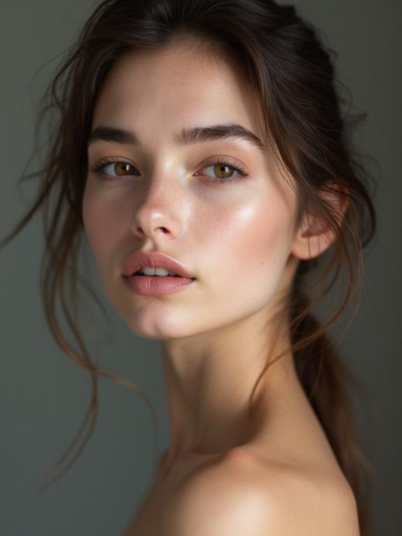 Portrait of a high-end model in editorial style. The girl has smooth pale skin, captured in a magazine-worthy photo. Soft focus and natural lighting enhance her beauty.