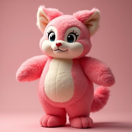 A plush pink character with large eyes. Furry texture and cheerful expression. Stands up with rounded body. Charming and cute design.