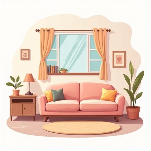 Flat design illustration of a cozy room. Features a pink sofa with cushions and plants. Includes a window with curtains and a lamp. The room has a rug and decorative items. White background enhances the minimalistic look.