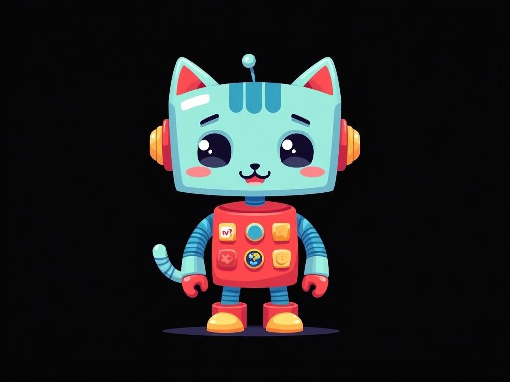 A cute cartoon character with a robotic design, featuring a rectangular face, large round eyes, and a blue cat-like headpiece. The body is predominantly red with small, multi-colored buttons on the chest. The character has a slight smile, giving it a friendly appearance. It is set against a plain black background, with bright colors that stand out and create a fun, playful atmosphere.