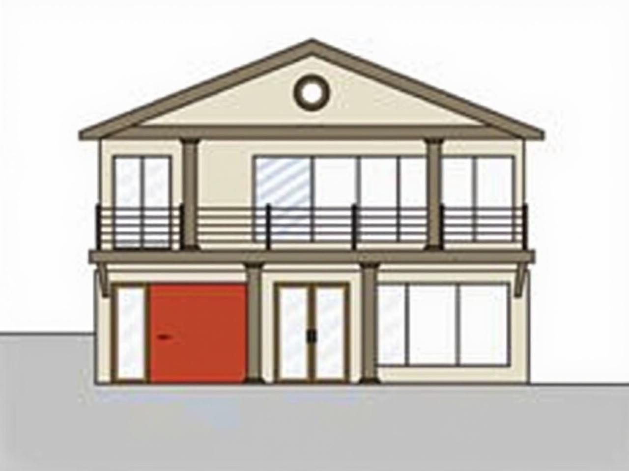 The image depicts a simple architectural design of a two-story house. The front facade features a traditional style with a prominent balcony on the upper floor, framed by columns. There are distinct horizontal and vertical elements that create visual interest, including a round window above the balcony. The entrance is highlighted with a double door, and there are large windows on the side. The house is rendered in a combination of colors, with the lower section in a neutral tone and the upper section in a contrasting red accent. The design appears modern yet retains classical features, making it suitable for residential purposes.