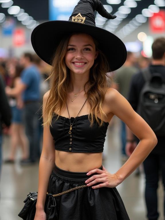 Photo of a smiling young woman wearing a witch cosplay. She has long hair and a witch hat. The outfit includes a crop top and a mini-skirt. The setting is a comic convention with many people. The mood is fun and playful.