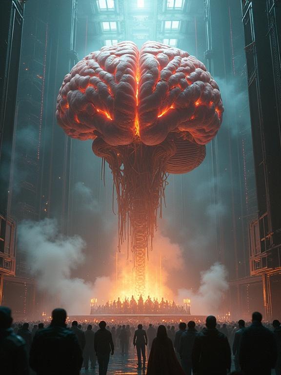 Cinematic wide-angle of a massive AI brain floating in the distance. Worshippers gathered below. The brain has organic tissue and cybernetic components. Glowing veins and metal plates are visible. Neural wires are exposed. Floating above a futuristic altar. Biotech fusion theme is implied. The atmosphere is glowing and epic. Sci-fi sacred scene is depicted.