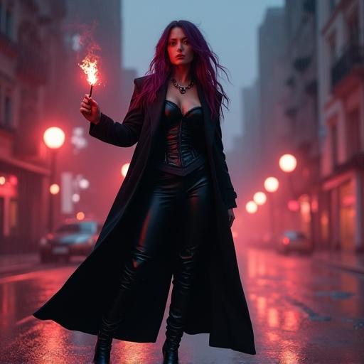 Woman with dark purple-red hair in long black coat stands in city. She wears knee-high high-heeled boots and dark pants with leather corset. Reddish city lights illuminate the scene. She holds a signal flare in left hand. Light rain falls around her.