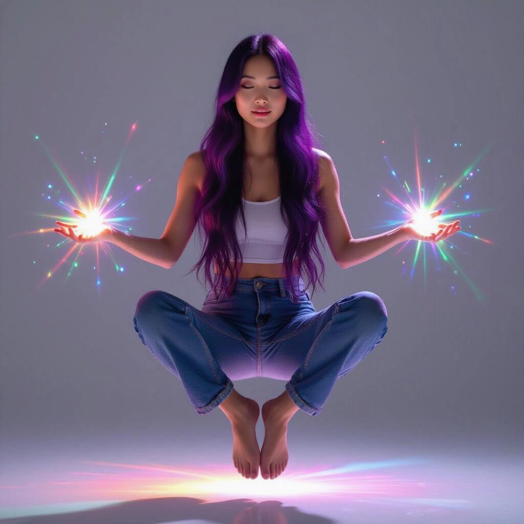 An Asian girl with long purple hair sits midair. She levitates above the ground. Her hands shine with rainbow light. She appears graceful and serene.