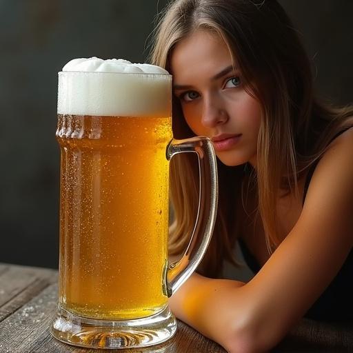 A glass mug filled to the brim with beer. The surface of the mug appears wet with condensation. A beautiful girl leans against the mug.