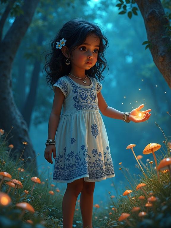 A 5-year-old Indian girl stands barefoot in an enchanted forest. Glowing bioluminescent elements surround her. She wears a cotton shift dress with block-printed designs. Silver bangles adorn her wrists. Raven curls frame her face, with wildflowers in her hair. Ethereal particles swirl around her hands. Cyan mushrooms pulse beneath tall trees. The atmosphere blends traditional Indian and fantasy elements.