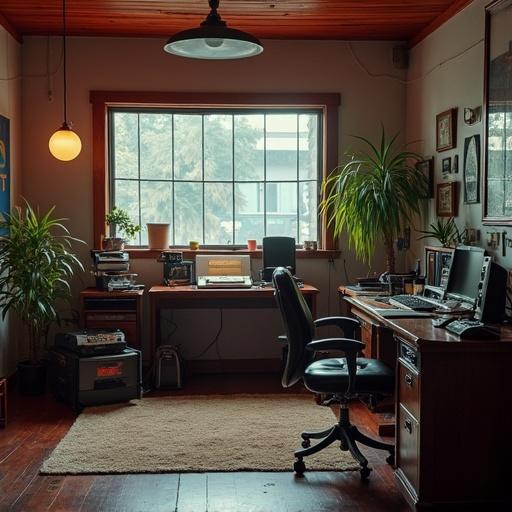 Cozy podcast studio environment featuring vintage 80s and 90s decor. Large window with plants and audio equipment on a wooden desk. Comfortable office chair. Warm lighting creates inviting atmosphere. Natural elements blend with functional design.