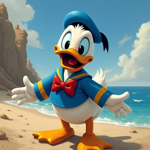 Vibrant cartoon character at the beach. Duck in blue outfit with red bow. Cheerful expression. Coastal background with rocks and clouds.