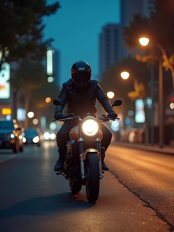 Frontal perspective of a man wearing a black motorcycle helmet. He is dressed in a black outfit riding a motorcycle in a city at night. The scene is illuminated by street lamps and has urban elements surrounding.
