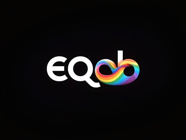 Logo features letters eqo38. Black background enhances the design. Rainbow lines diagonally at 30 degrees charm the viewer.