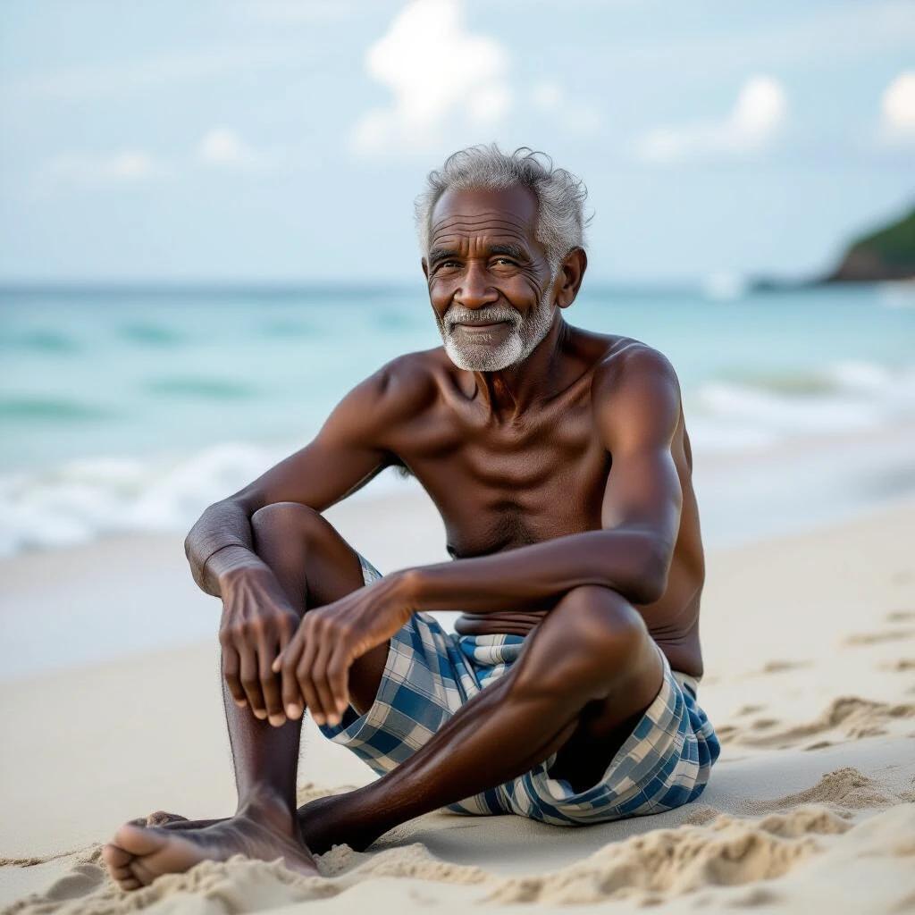 An elderly thin man with dark skin sits on the beach. Natural coastal scenery in the background. He has a beard and wears checkered shorts. Soft ocean waves visible. Sky is partly cloudy.